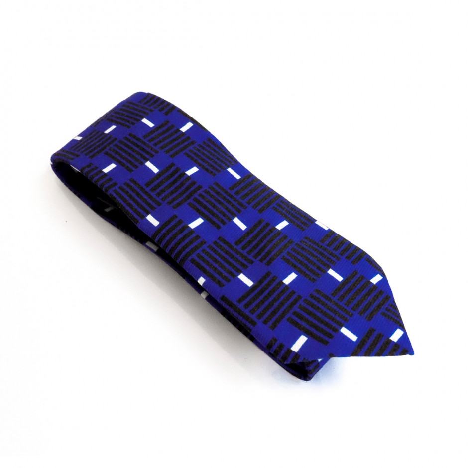Blue tie with geometric patterns